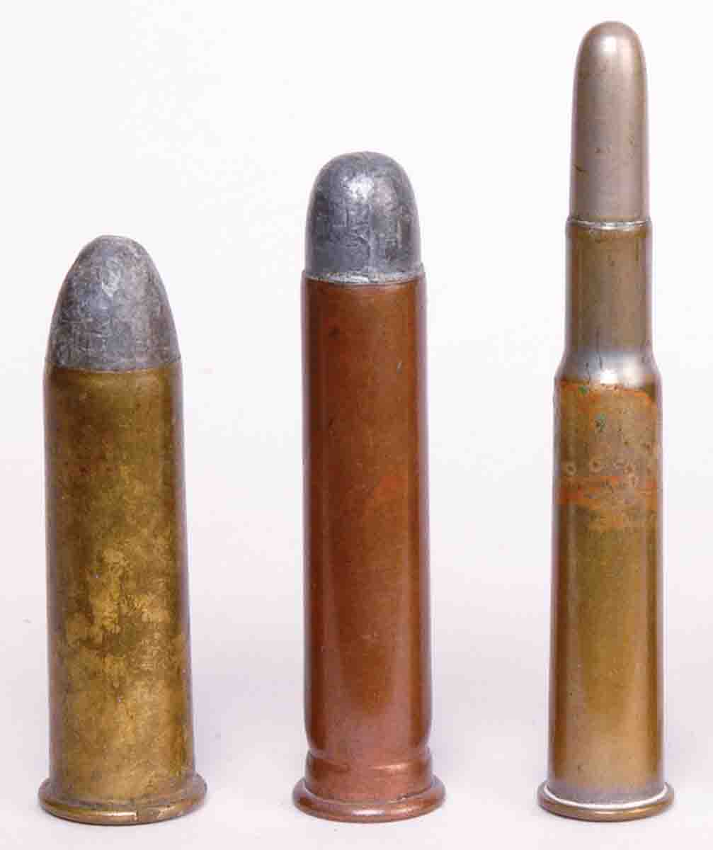 The copper-cased 45 Gov’t/45-70 round (center) is how the cartridge was introduced in 1873. It was preceded by the 50 Gov’t/50-70 (left) and replaced by the 30 Army/30-40 Krag (right).